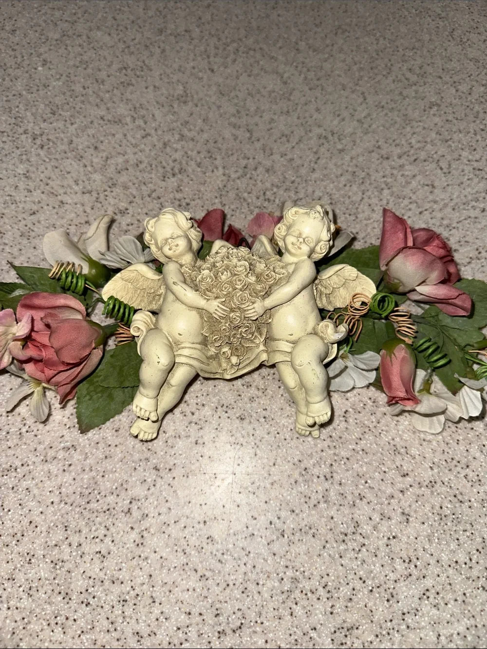 Vintage Cherub Wall Accent with Pink Floral Garland - Wall Hanging Angels Roses